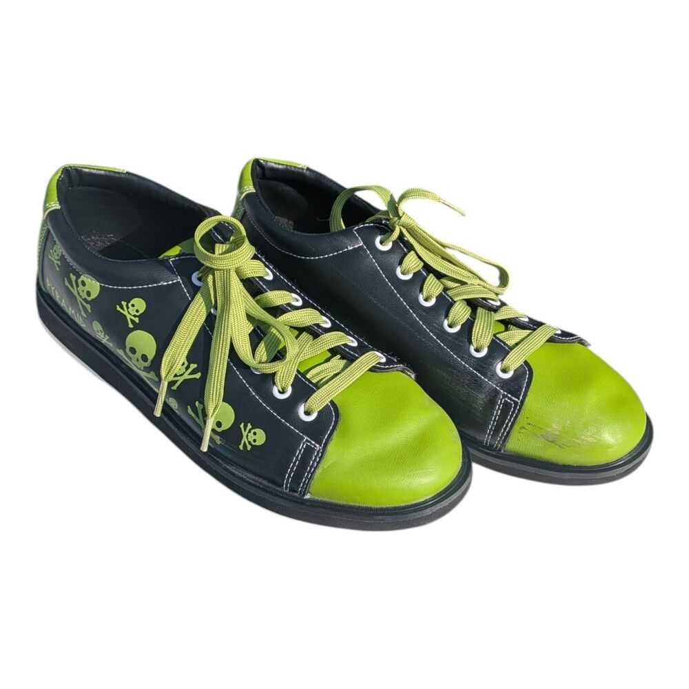 Pyramid Skull Bowling Shoes Black Lime Green Universal Slide Sole Men's Size 11